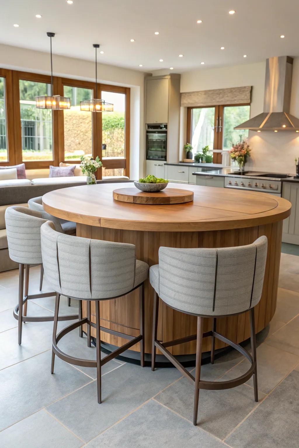 Curved seating enhances the beauty and flow of a circular kitchen island.