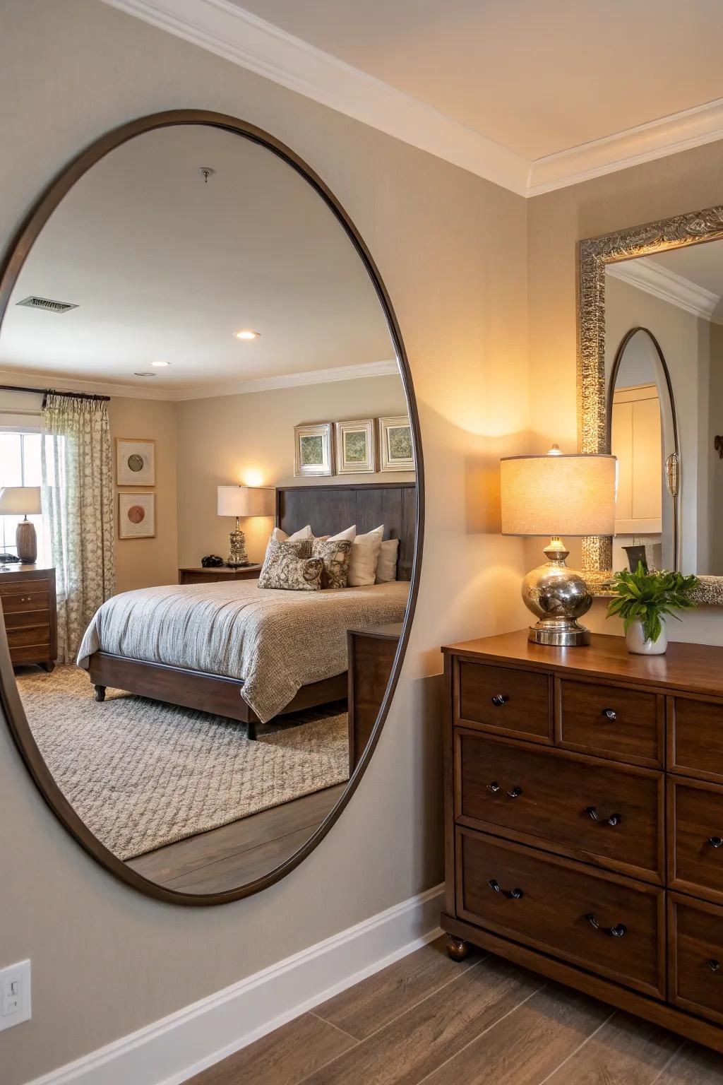 A bedroom showcasing a large mirror that expands the space.