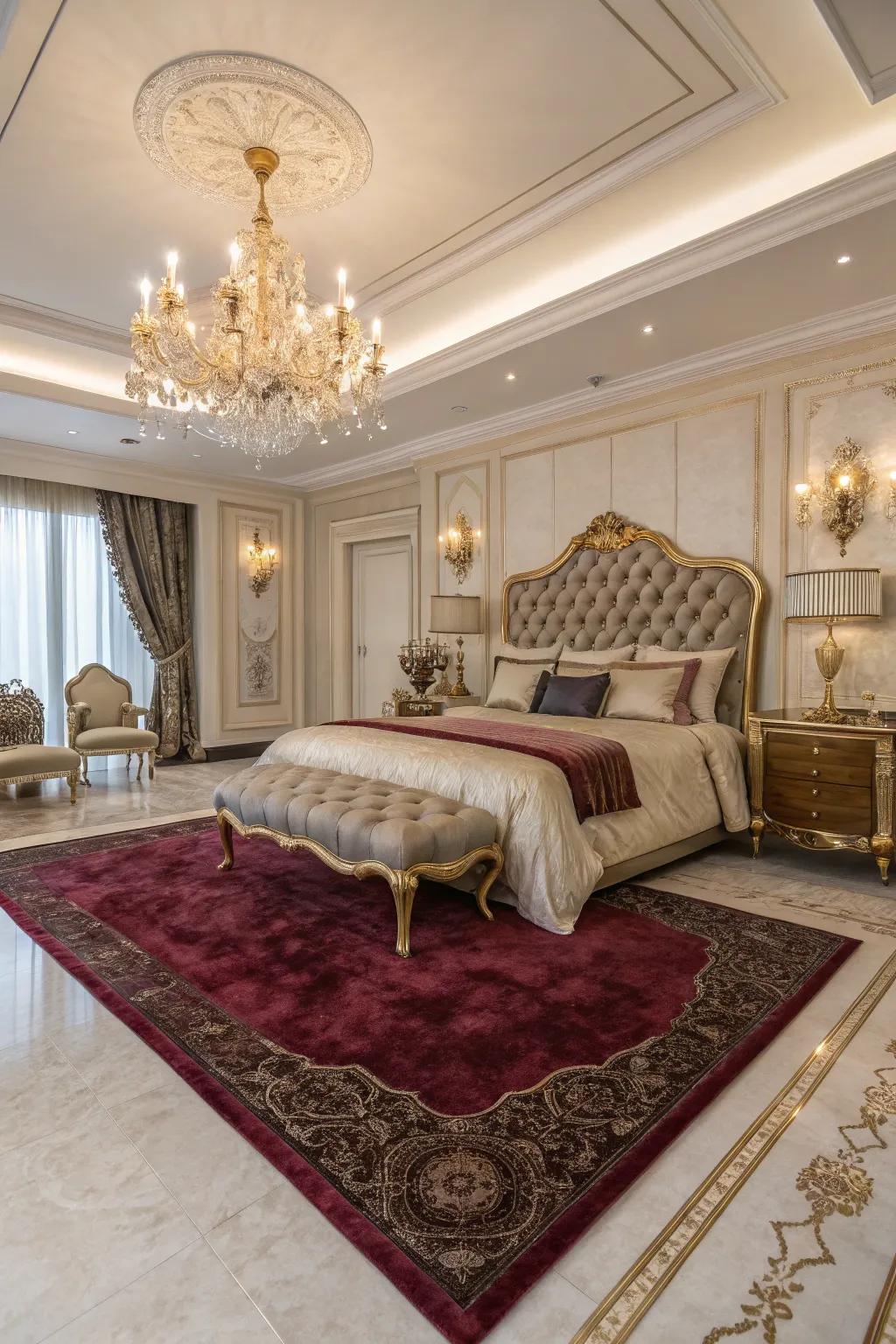 Luxurious rugs elevate the sophistication of your bedroom.