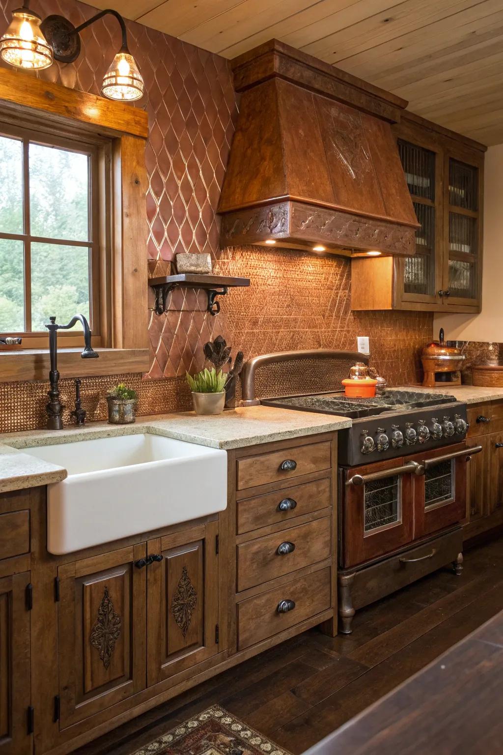 Copper accents add heat and luxury to the rustic kitchen.