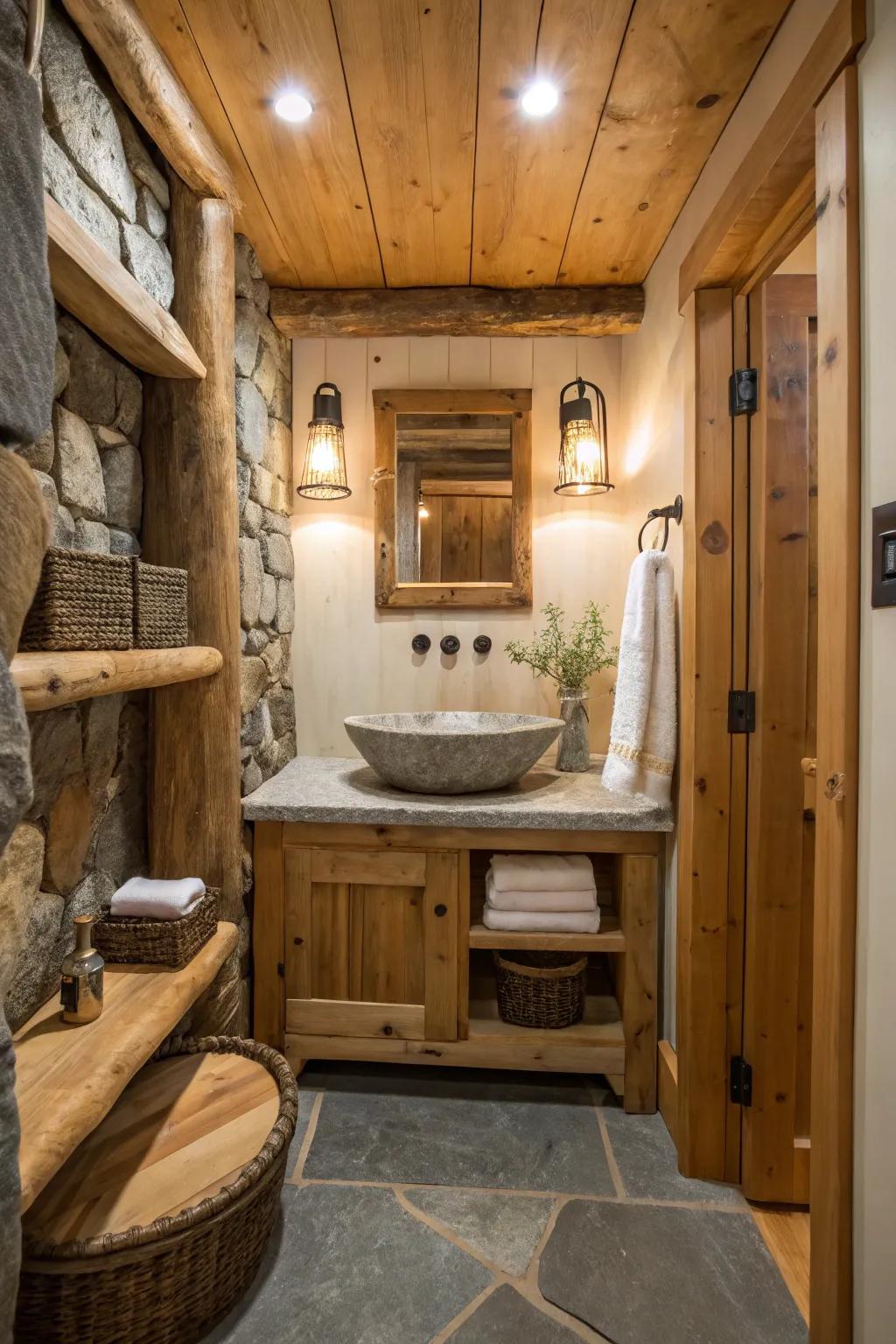 Natural materials create a rustic bathroom oasis.