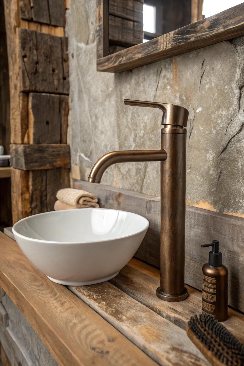 Contemporary shapes with rustic finishes deliver a singular blend.