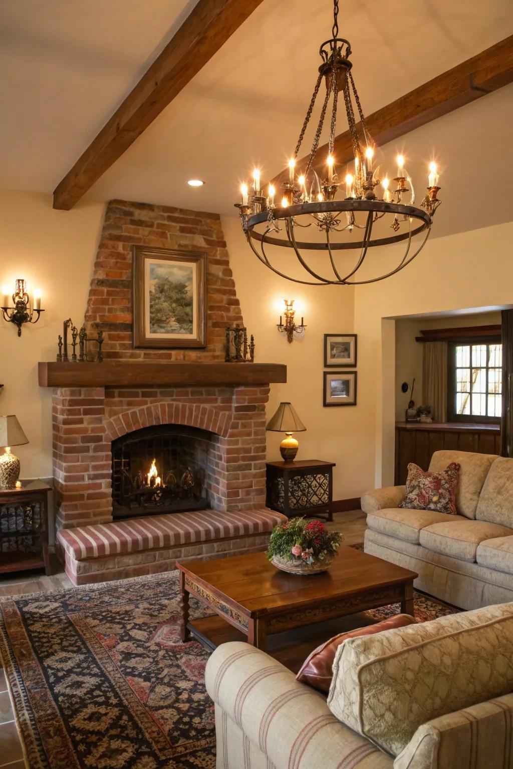 Rustic chandeliers enhance the ambiance around your fireplace.