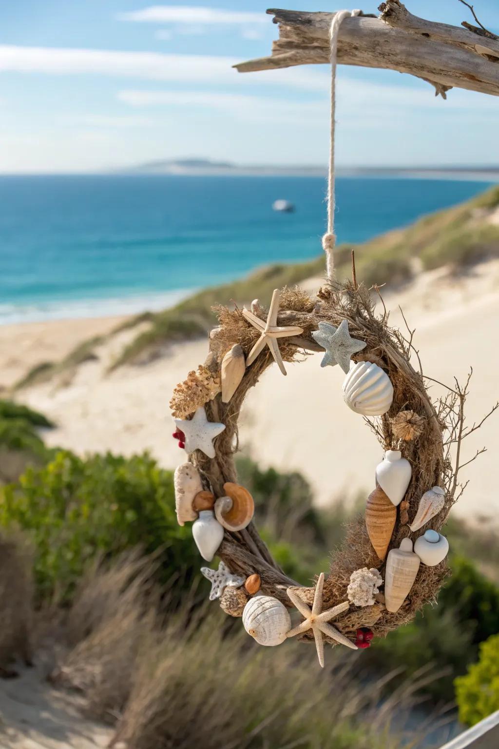 Seashells and driftwood make a coastal vibe.
