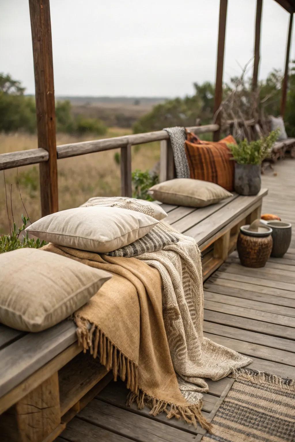 Natural fabrics add softness and a country touch to this deck.