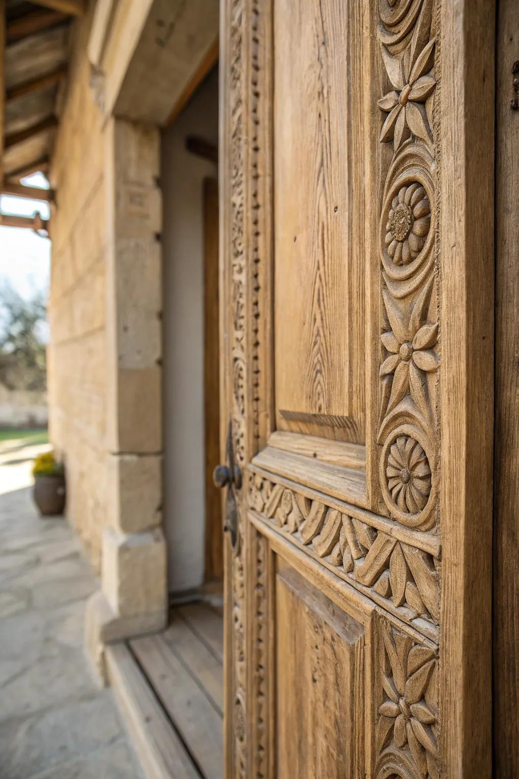 Artistry and personalization are enhanced by intricate carvings on rustic doors.