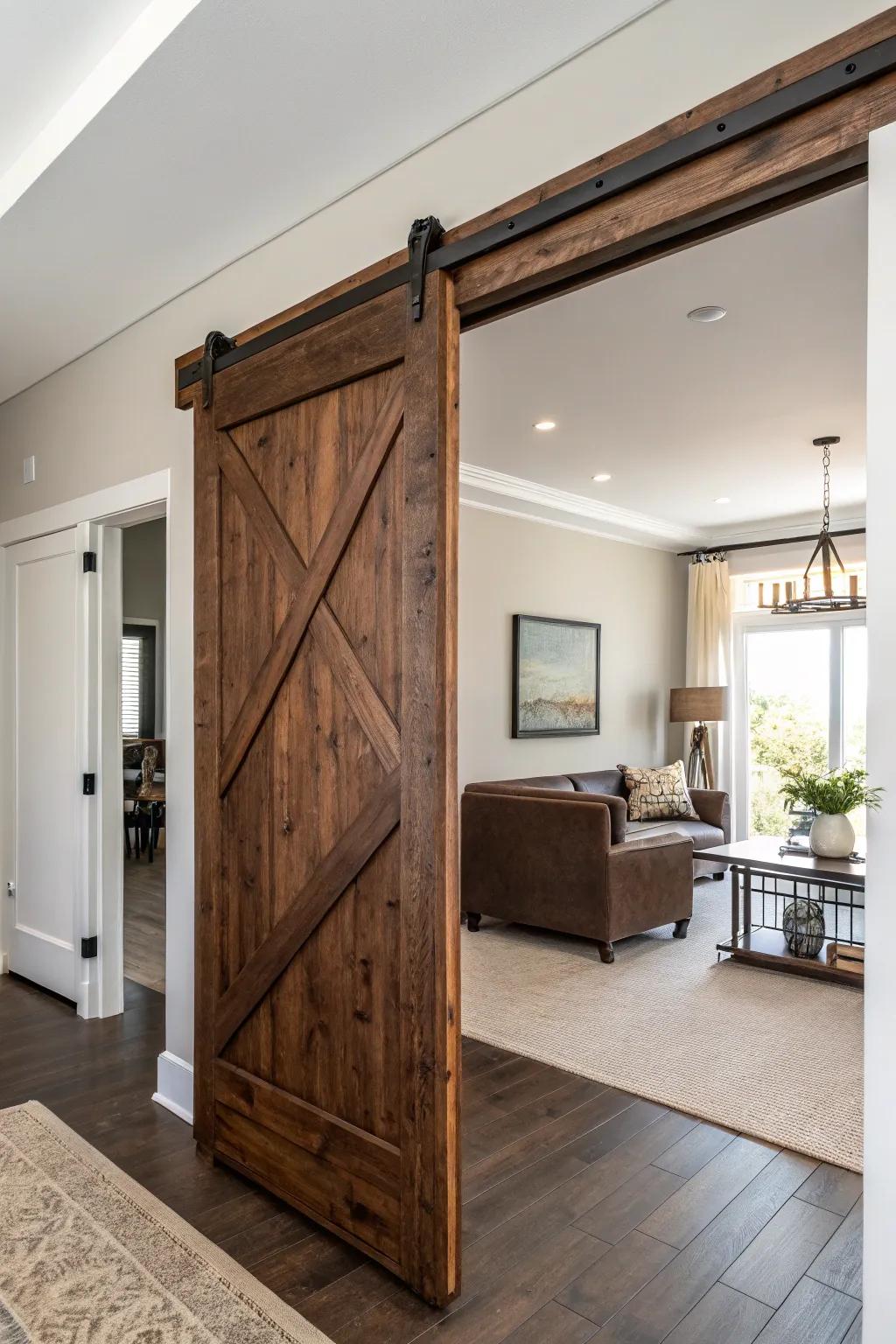 A contrasting dark rustic door frame against light walls for visual impact.