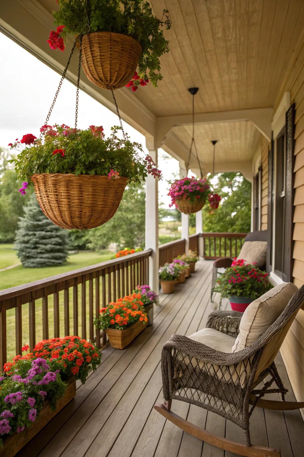Hanging wicker planters add refinement and charm to a rustic porch.