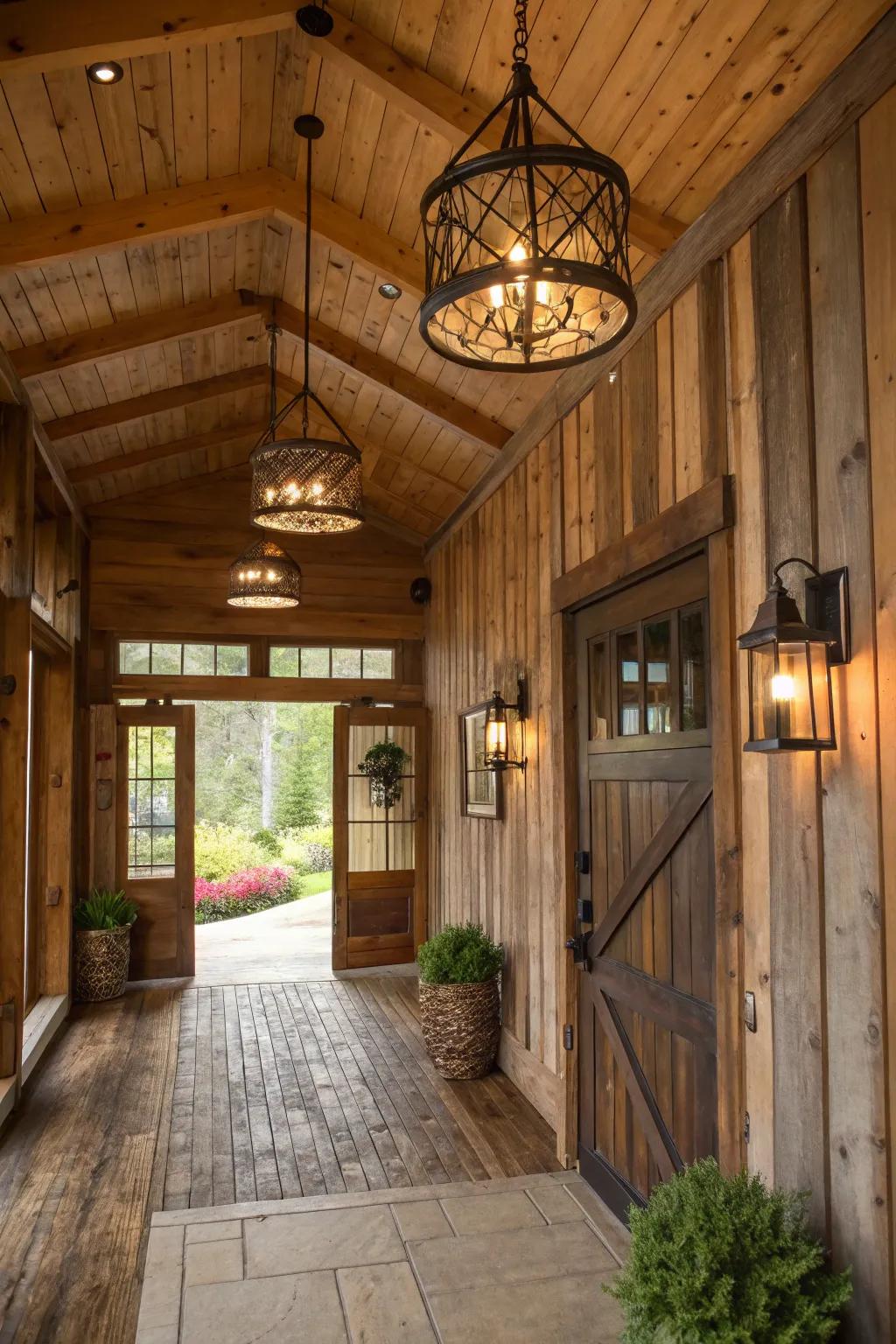 Barn timber fixtures greet guests with warmth and style in this entryway.