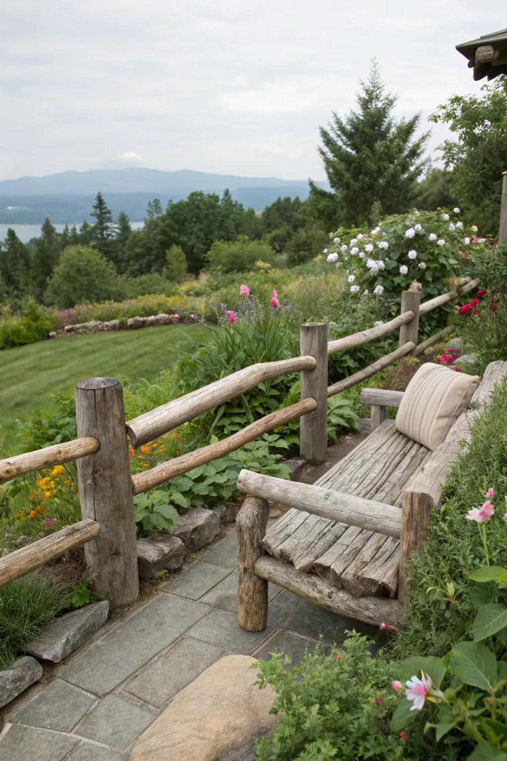A relaxing spot built into a log fence offers a peaceful spot to enjoy garden views.