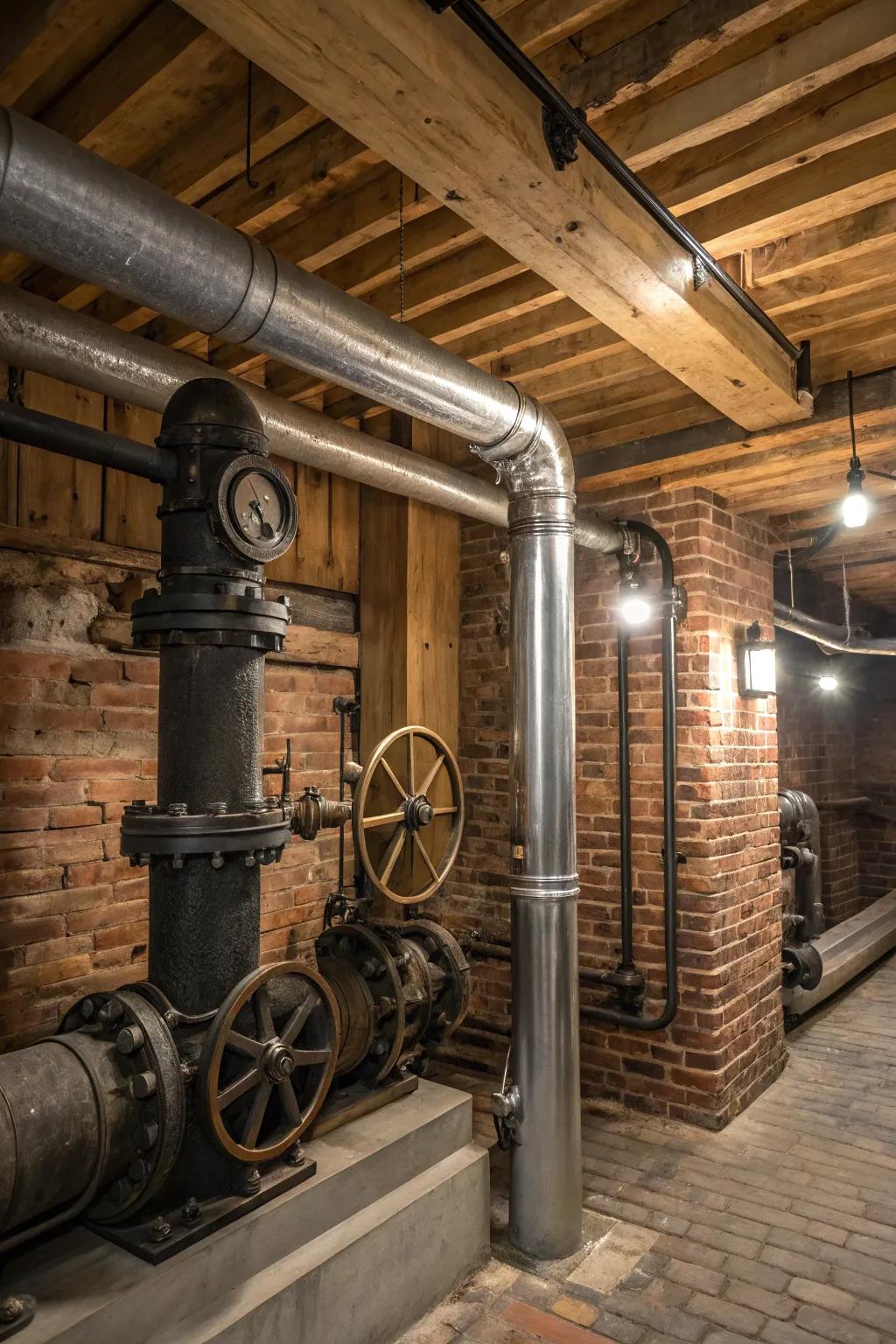 Industrial details, such as metal piping, introduce a modern edge.