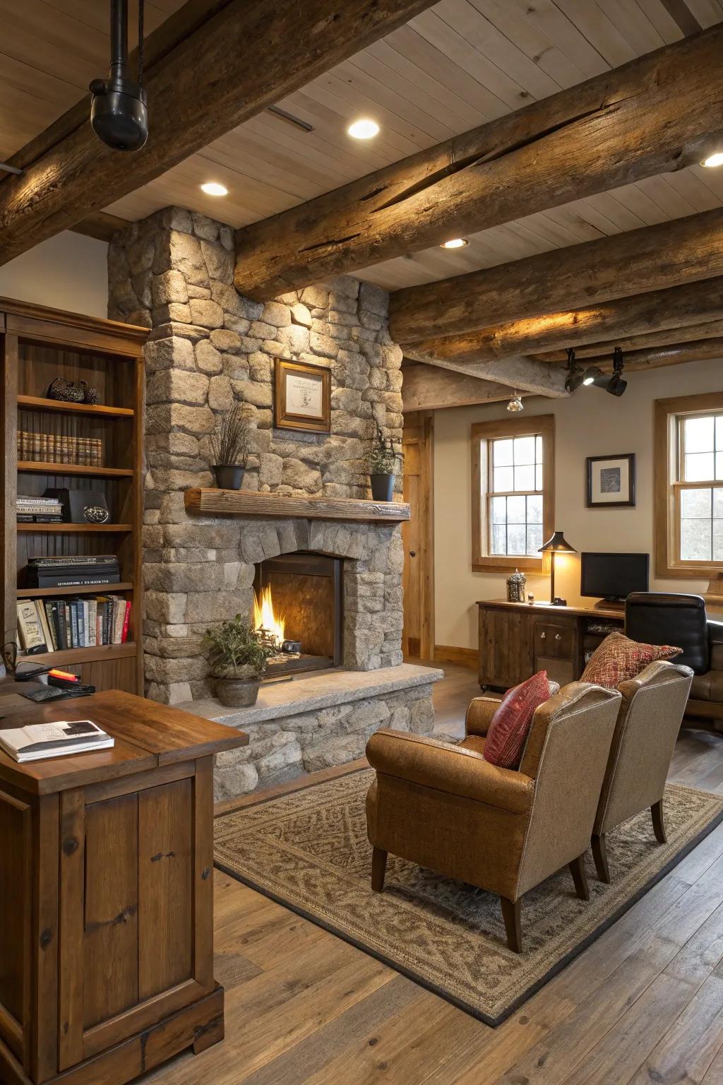 A country hearth provides charm and heat to any office area.