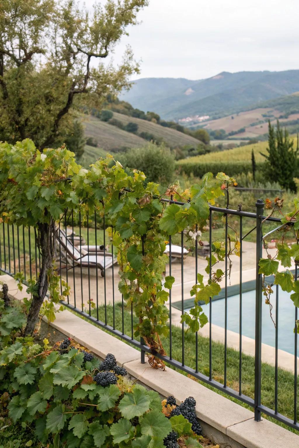 Creeper-draped fencing for a vineyard-inspired poolside.