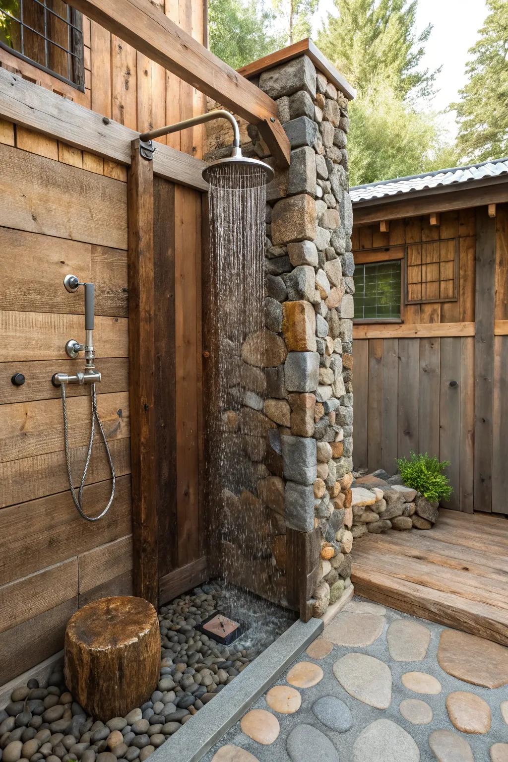 A shower designed with a mix of stone, lumber, and metal for a vibrant visual.