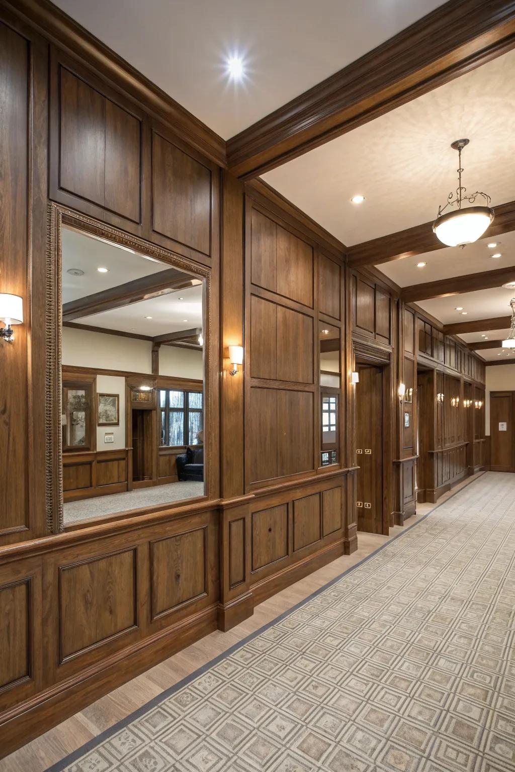 Mirrored panels in rustic wainscoting enhance space and elegance.