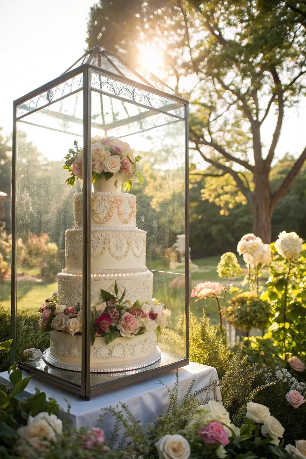 Blossom-filled glass box designs a breathtaking dessert centerpiece.