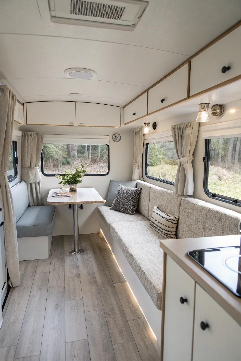 Simple peacefulness improves focus and tranquility inside this RV.