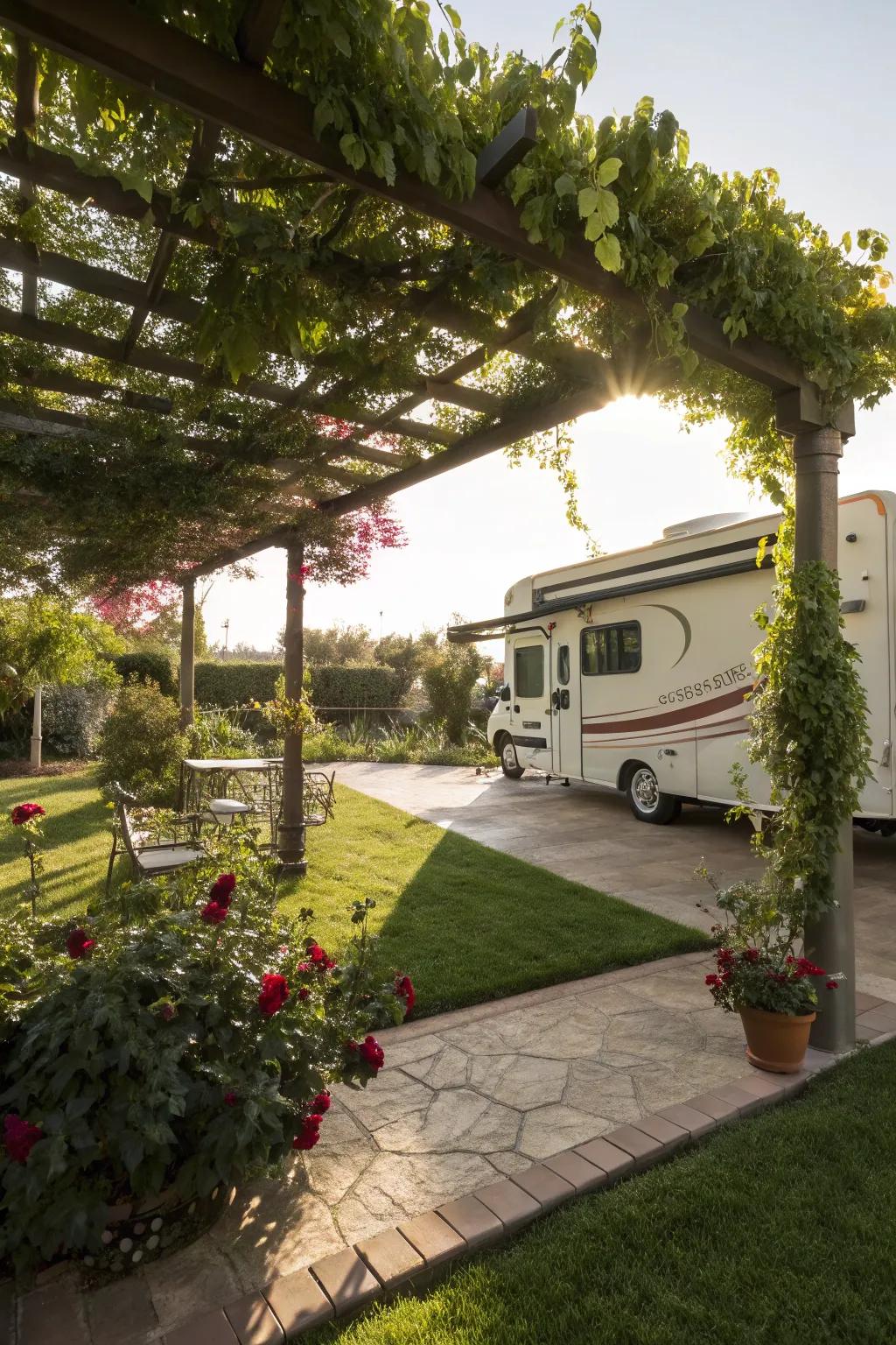 An open-air RV shed offering partial shelter and charm.