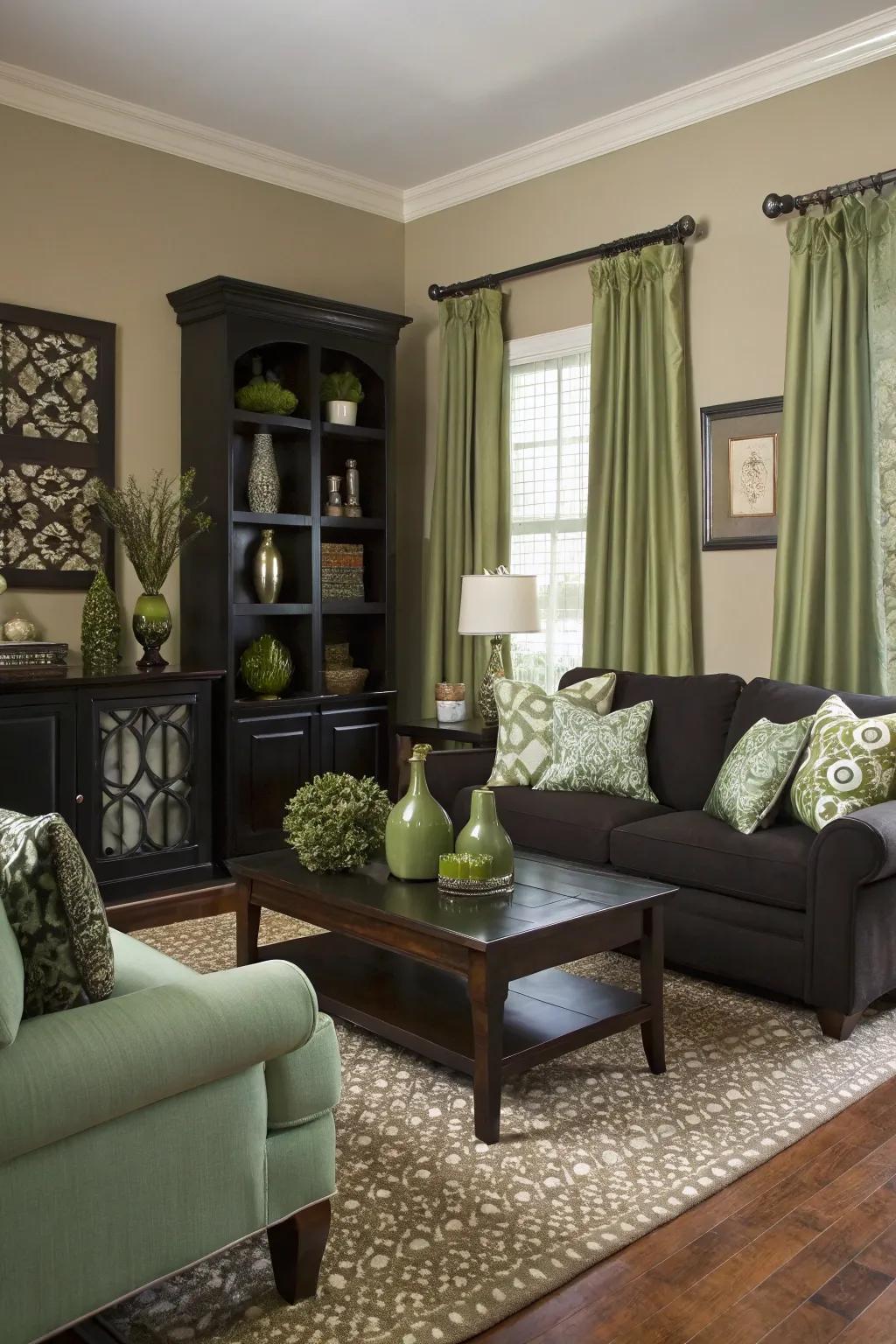 Strong contrasts bring dynamic flair to a sage green living area.