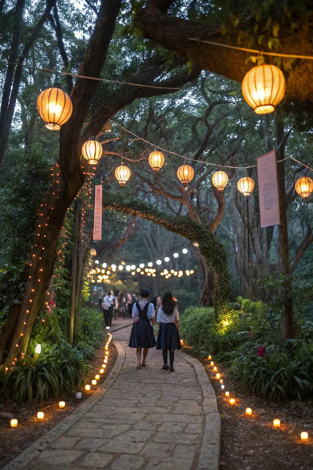 A mystical forest pathway leading to the dance floor.