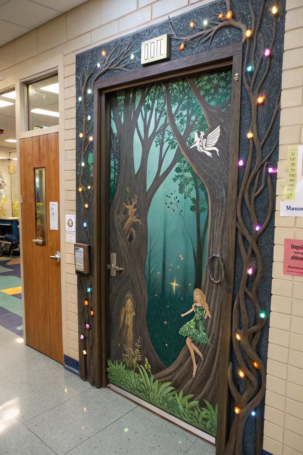 A mystical forest-themed school door featuring enchanting elements.