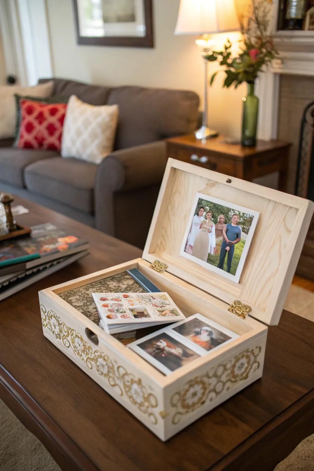 A storage box for displaying and storing school photos.
