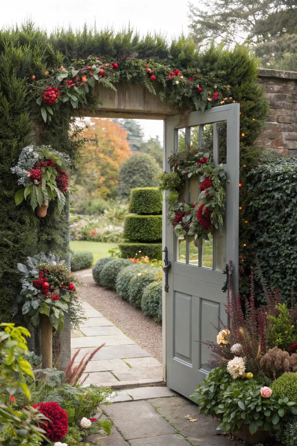 Holiday embellishments keep this garden entrance fresh and inviting year-round.