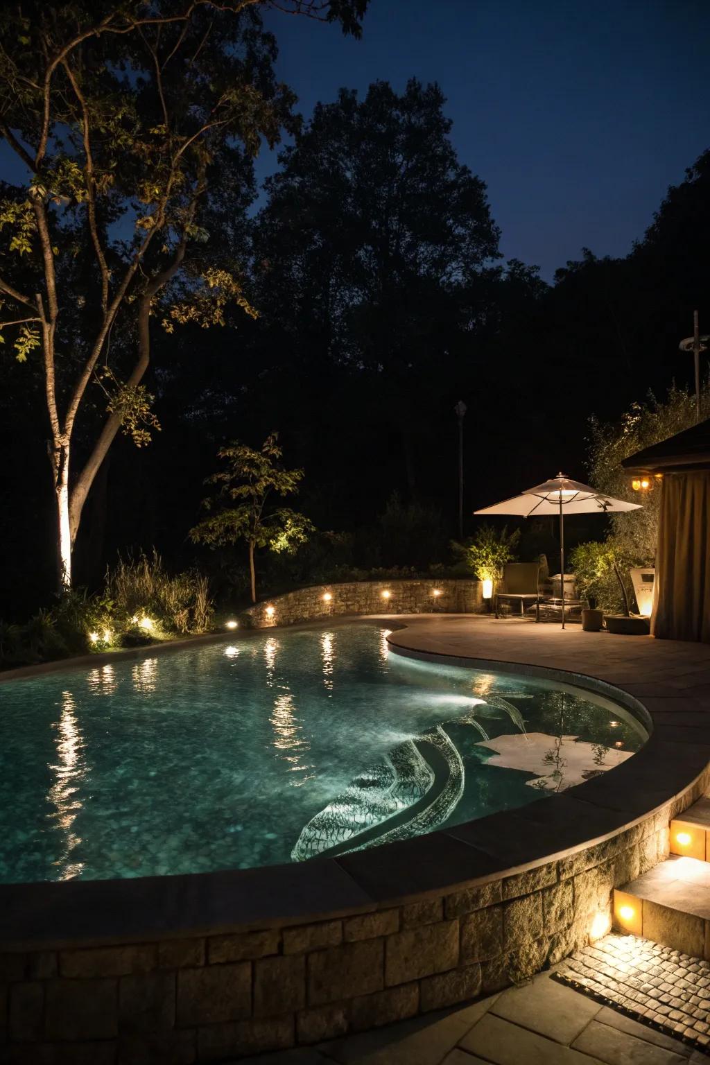 A semi inground pool illuminated with soft lighting for evening swims.
