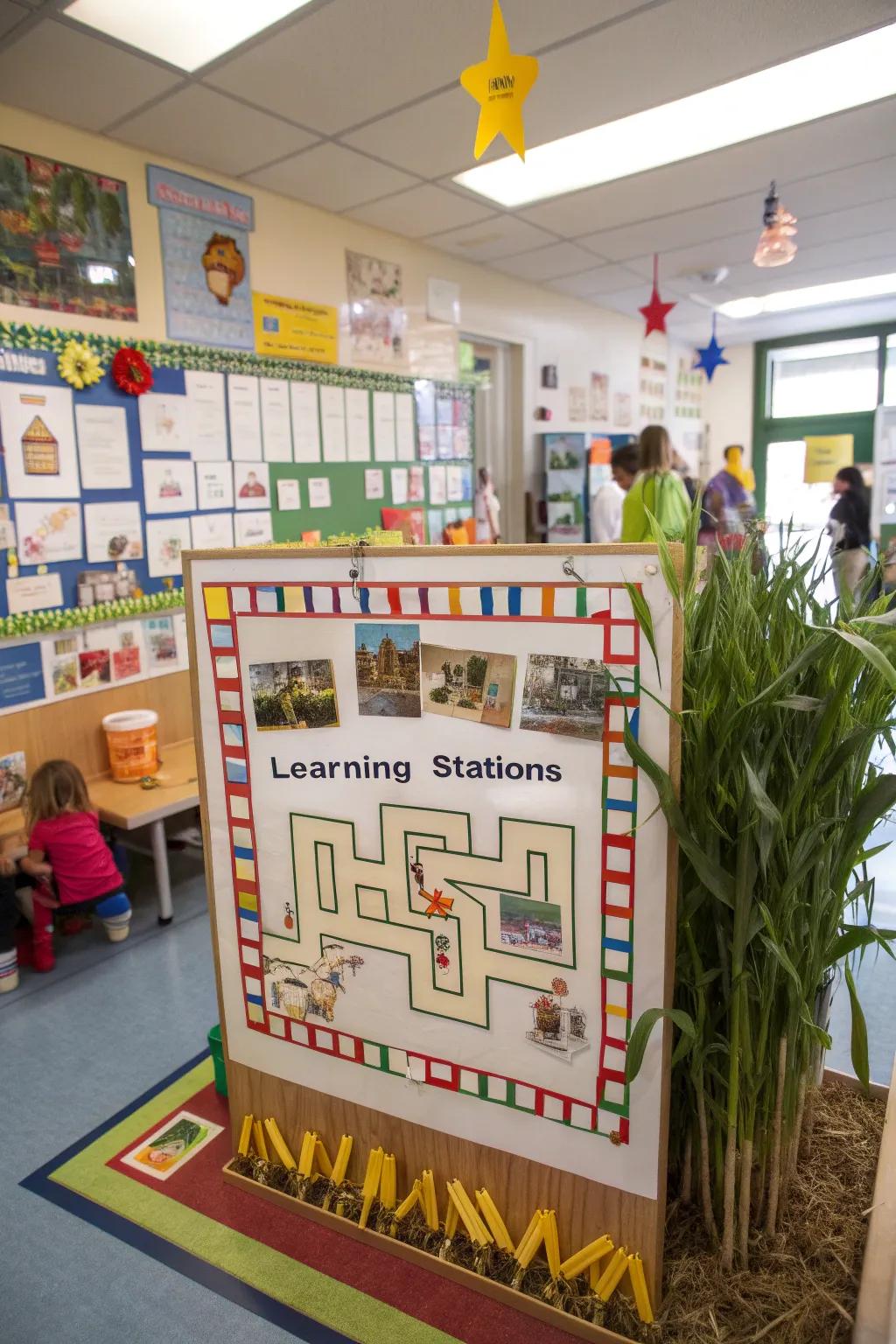 A corn maze-themed bulletin board equipped with interactive elements.