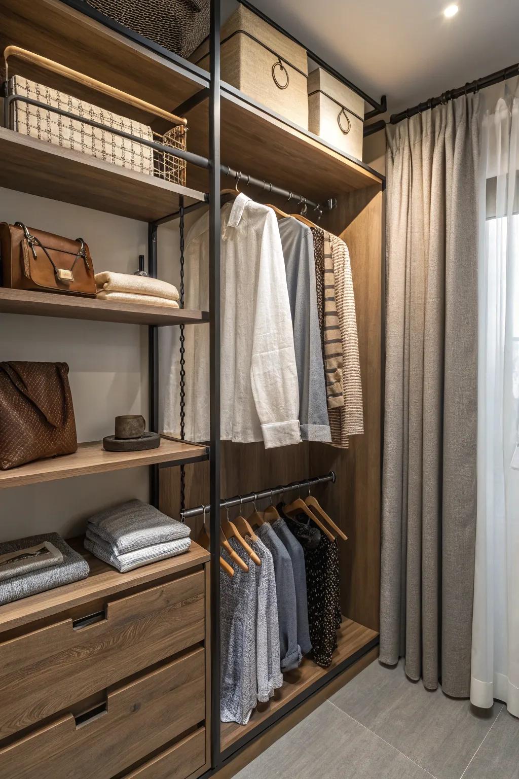 A closet featuring a blend of materials for a warm, inviting feel.