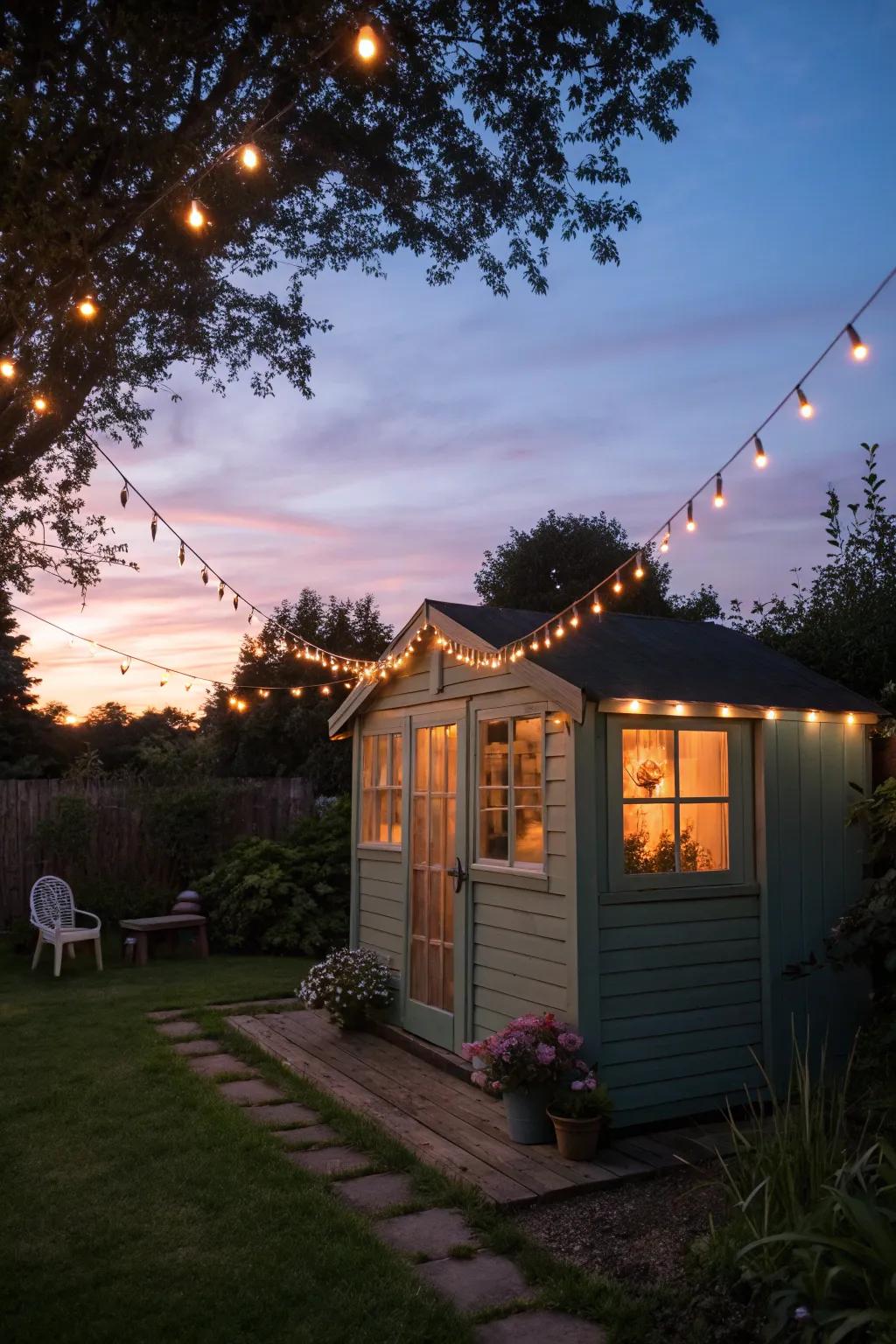 Fairy lights create a magical nighttime atmosphere.