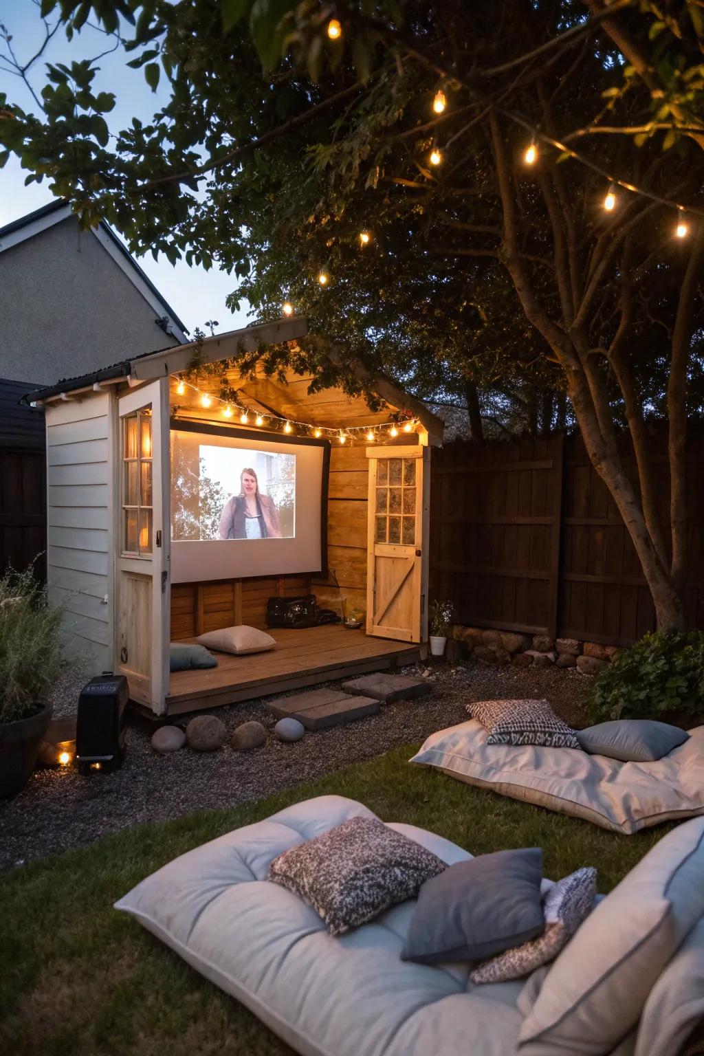 A garden shed transformed into an outdoor cinema, promising captivating movie evenings.