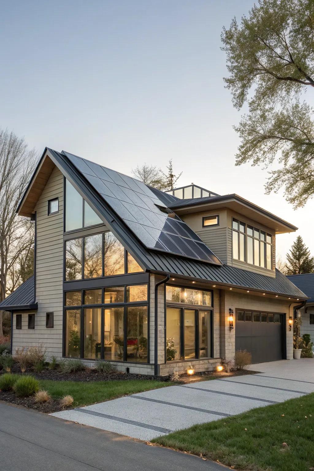 Contemporary home equipped with a solar array-enhanced shed dormer.