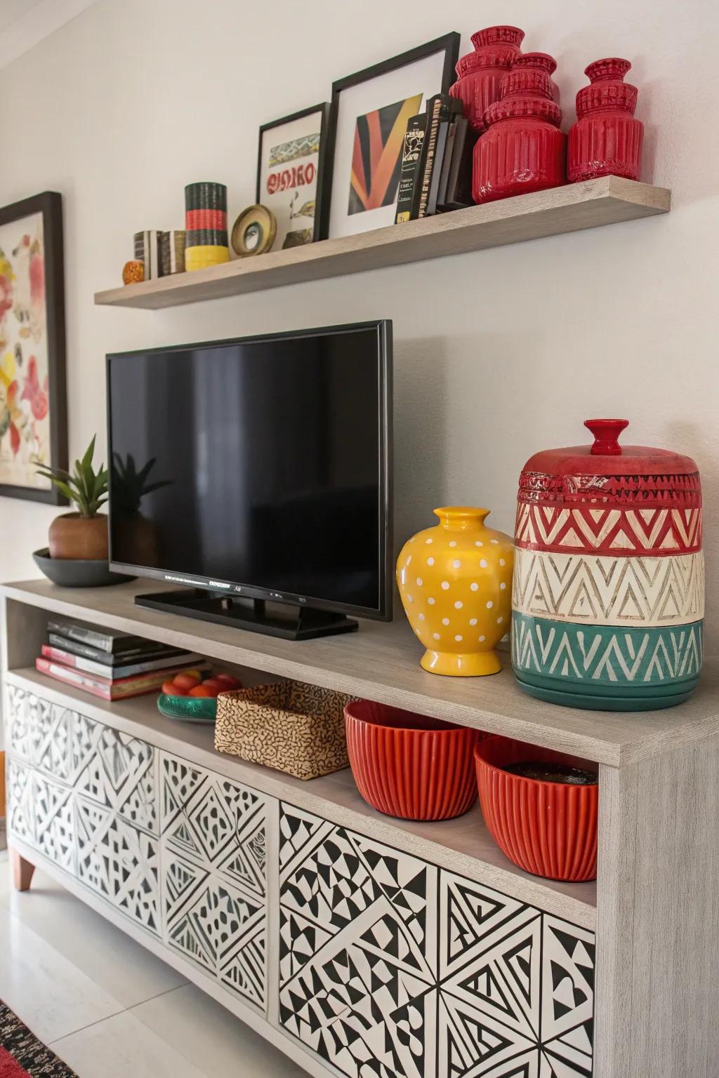 Geometric patterns cultivate a bold statement above the TV.