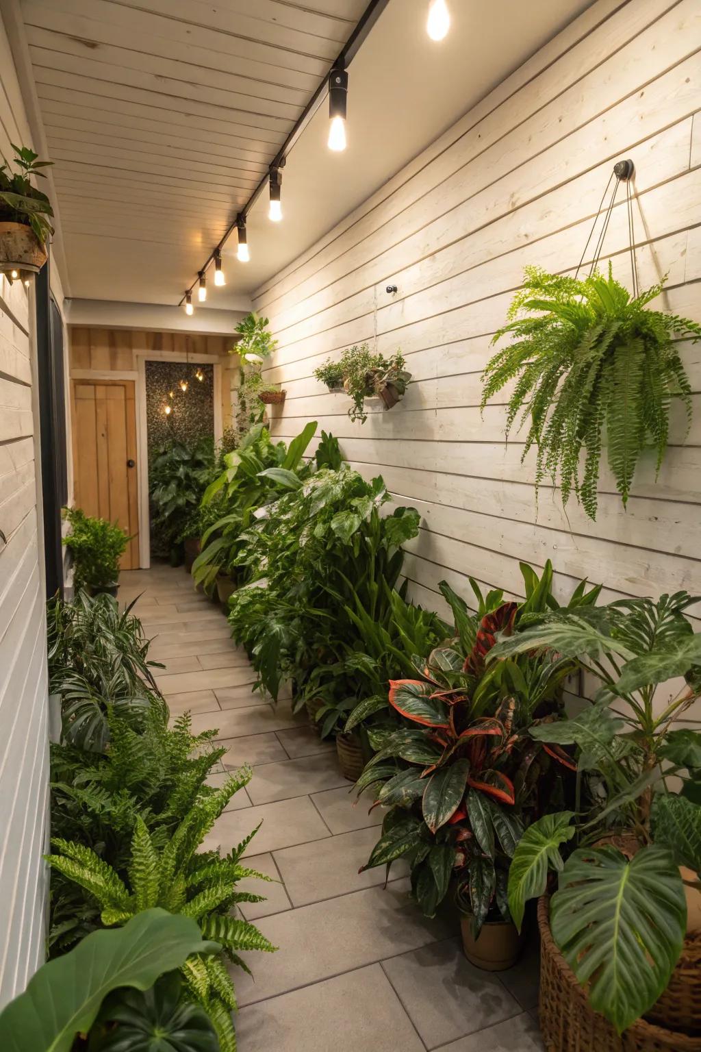 A basement with groove paneling walls decorated with lush indoor plants.