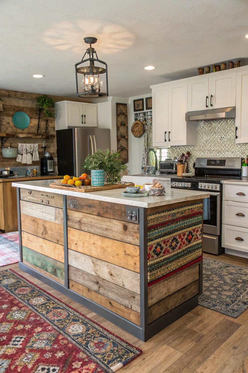 Eclectic kitchen featuring a horizontal panel island blending modern and rustic styles.