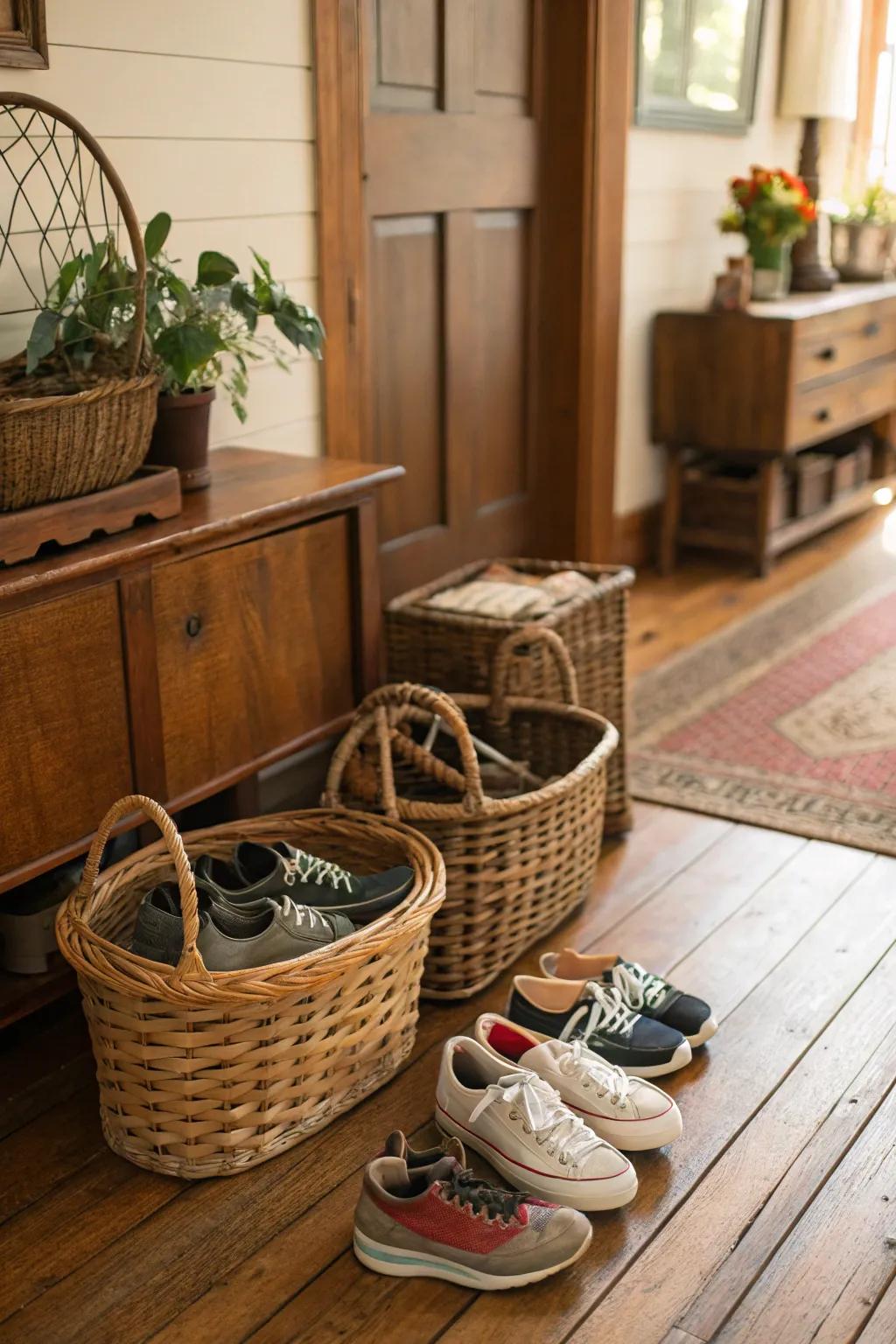 Reused vintage baskets offer a unique and appealing solution for storing shoes.