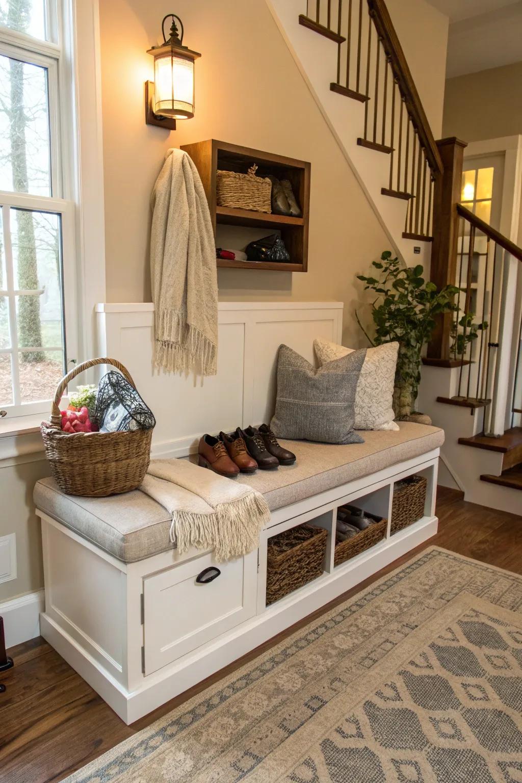 A hidden storage bench providing sleek shoe storage solutions.