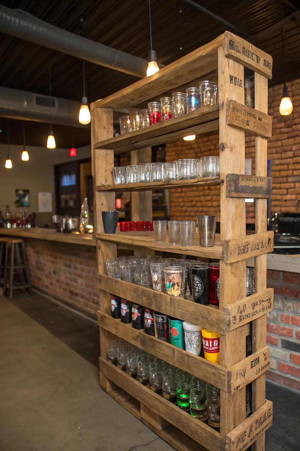 A garage bar showcasing a pallet rack creatively utilized as a shot glass exhibit.