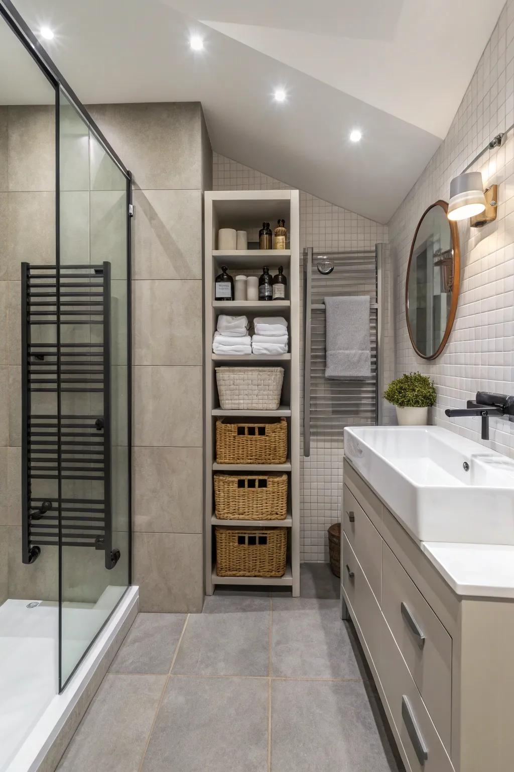 A clutter-free shower room with smart hidden storage solutions.
