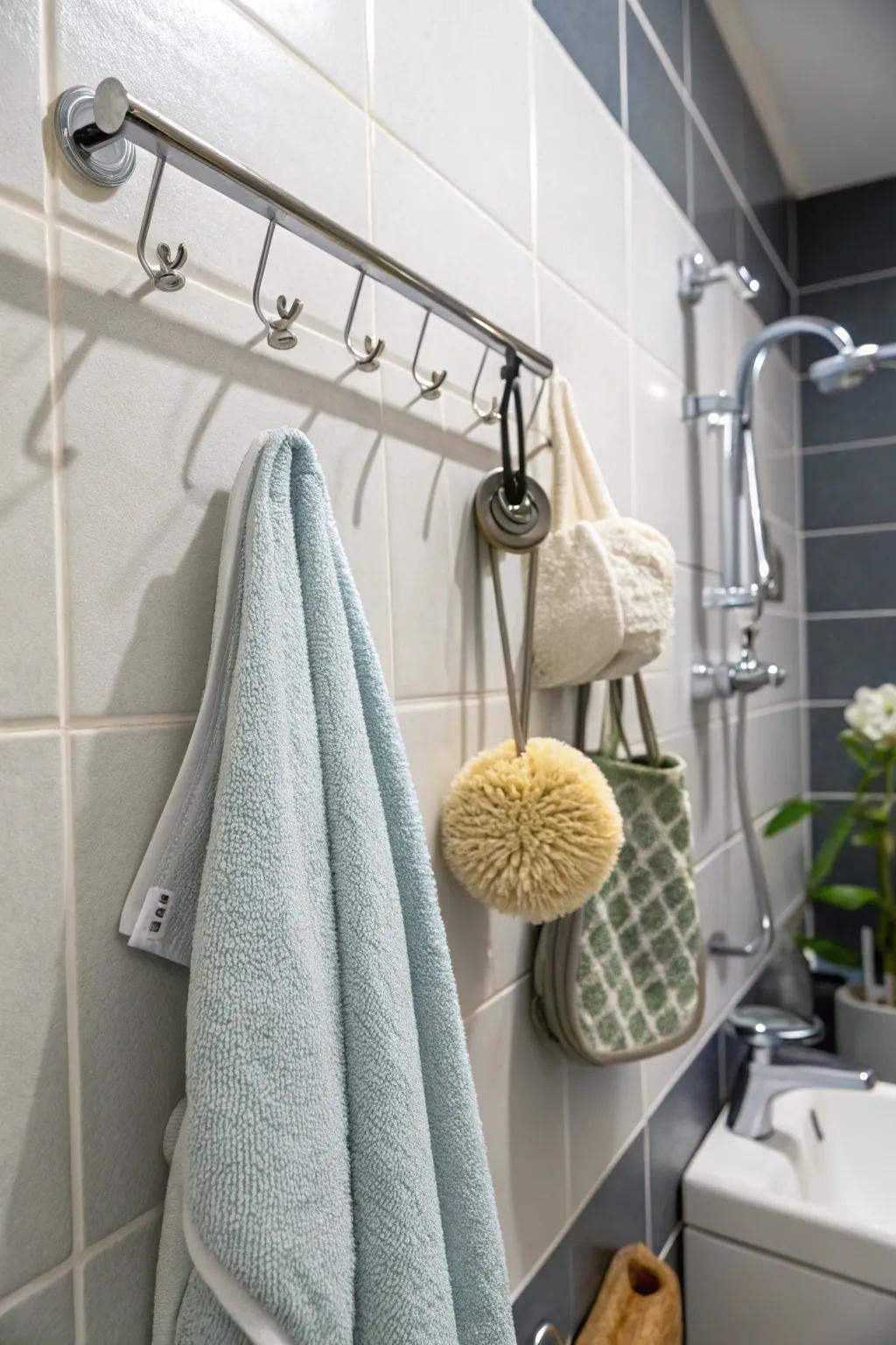Wall hooks offer versatile hanging solutions within the shower.