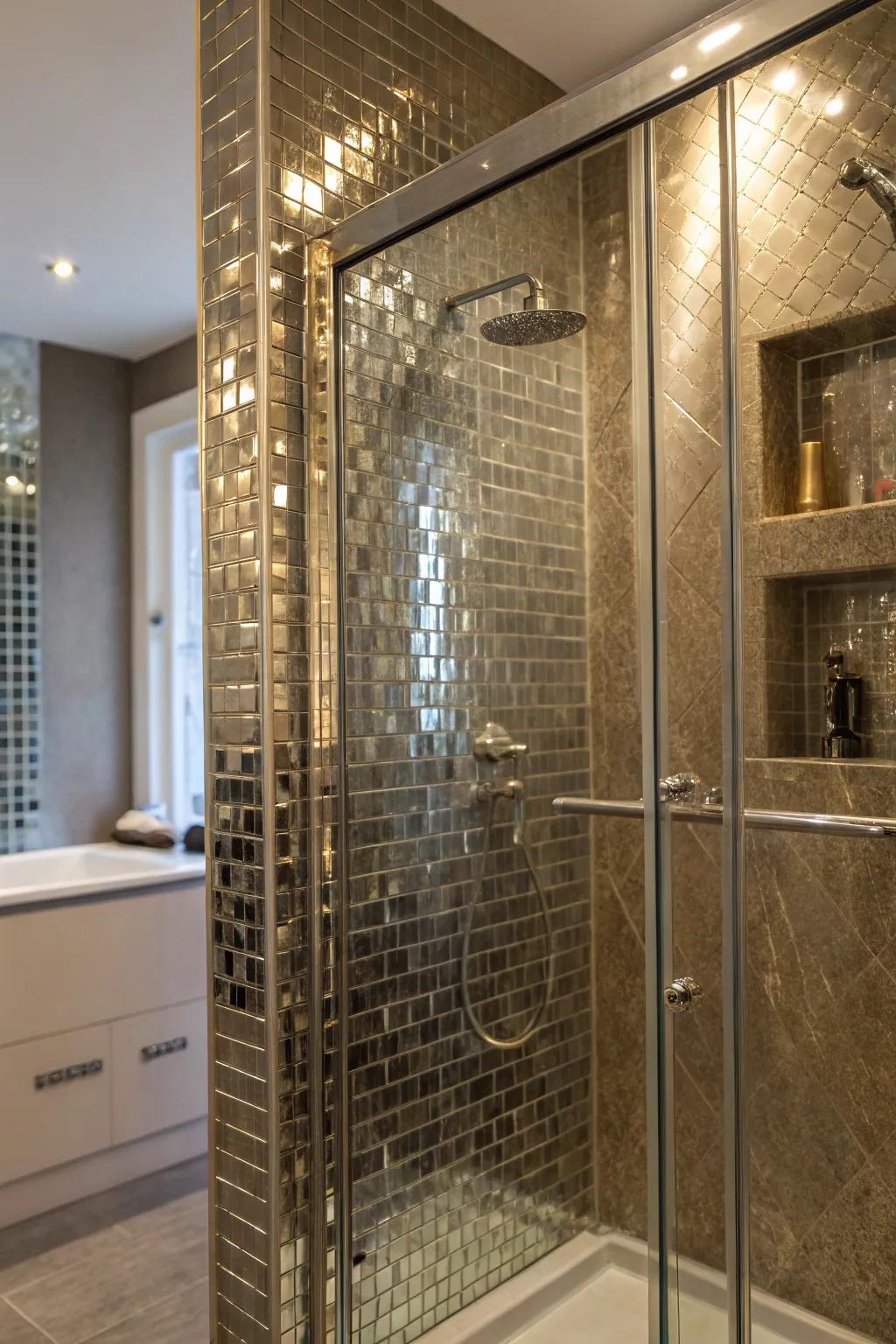 Metallic tiles bring glamour and modern elegance to the shower.