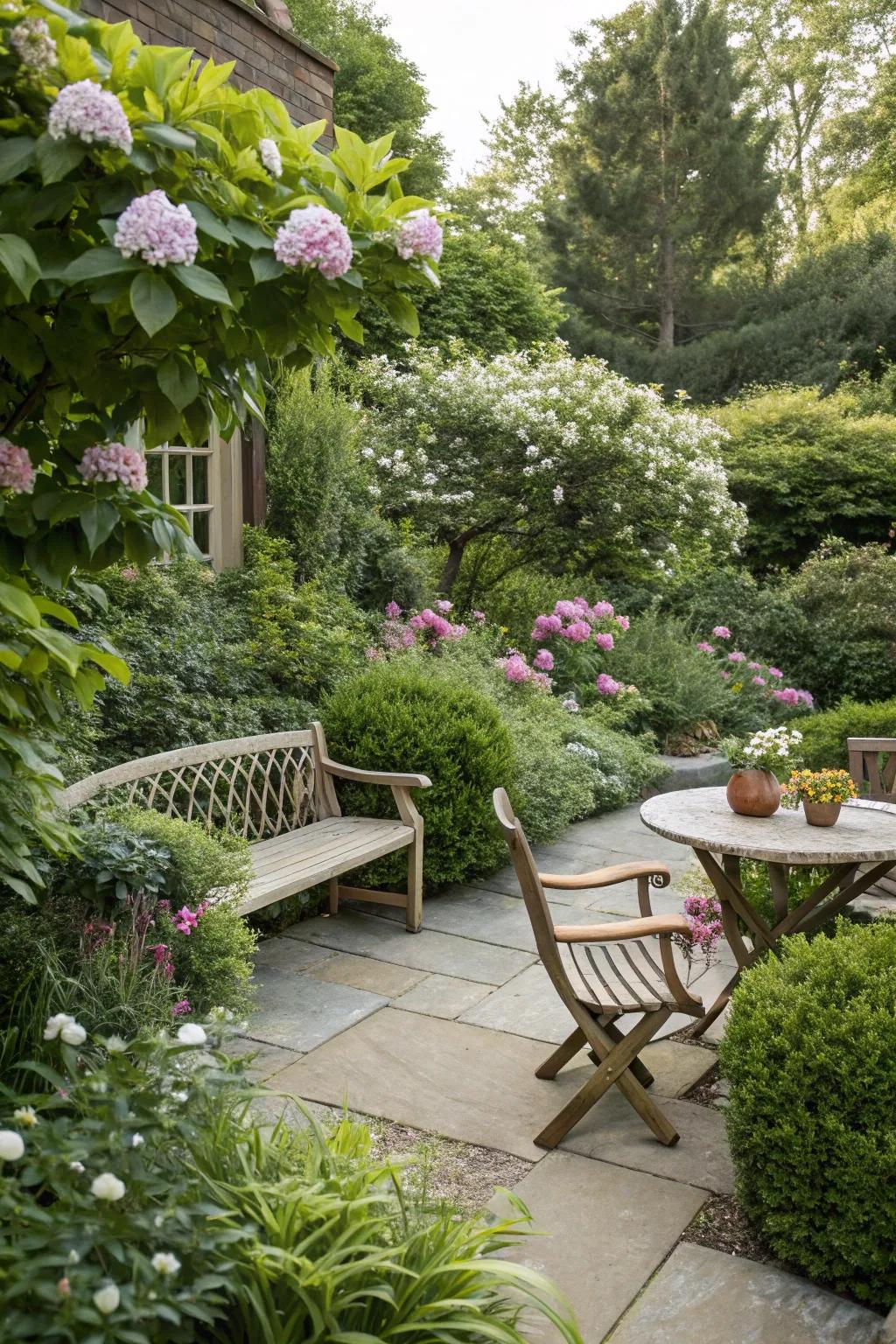 Fragrant shrubs enhance the sensory experience in this serene garden.