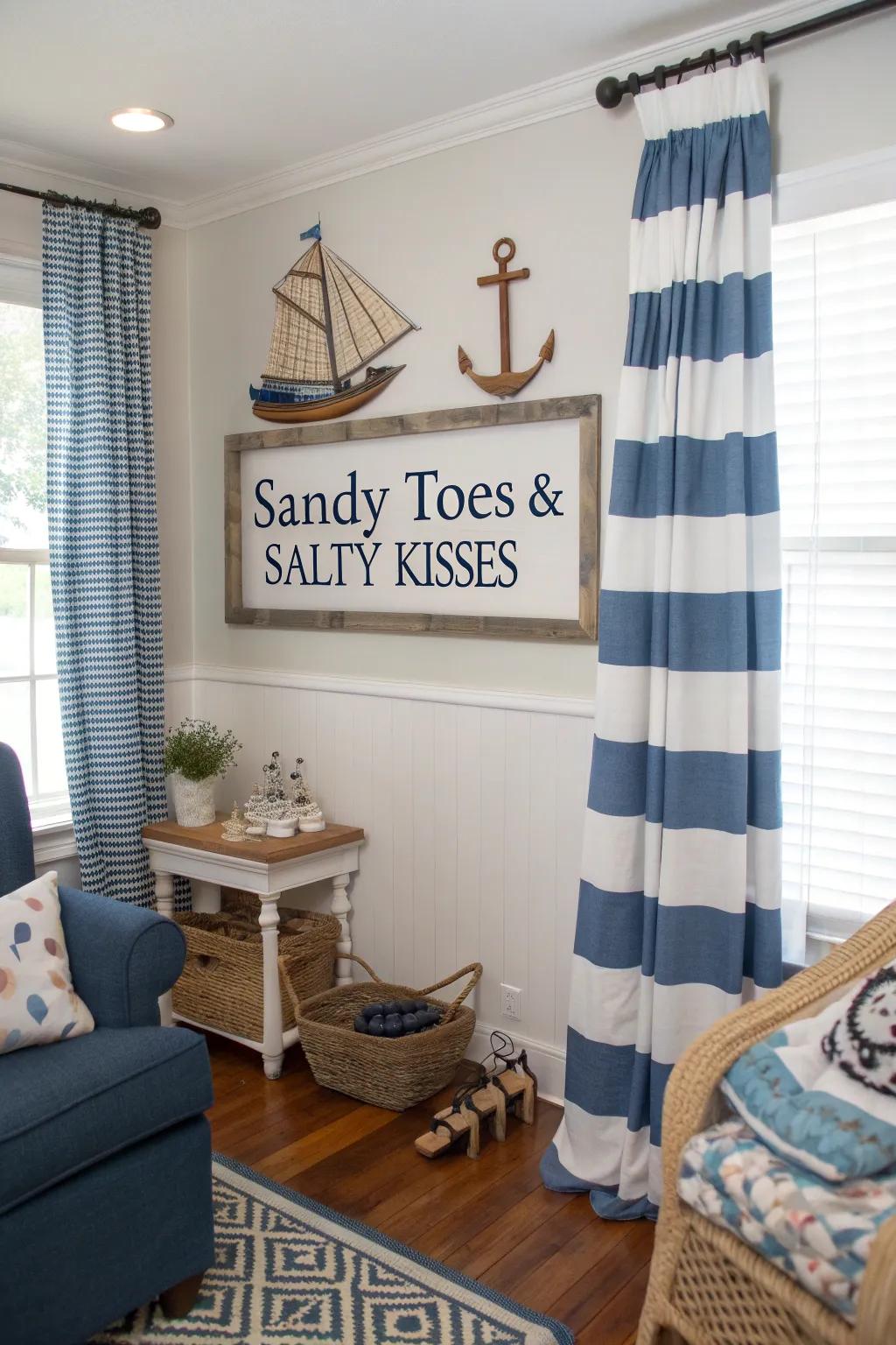 A lounge featuring nautical decorations and a 'Sandy Toes & Salty Kisses' beach board.
