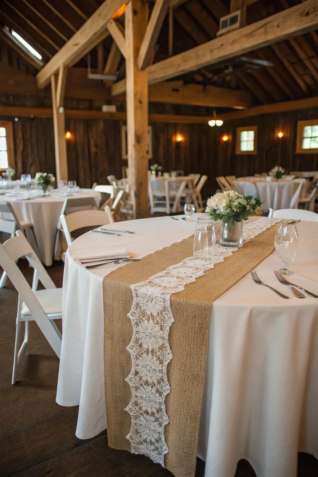 Canvas and lace add rustic charm to this centerpiece.