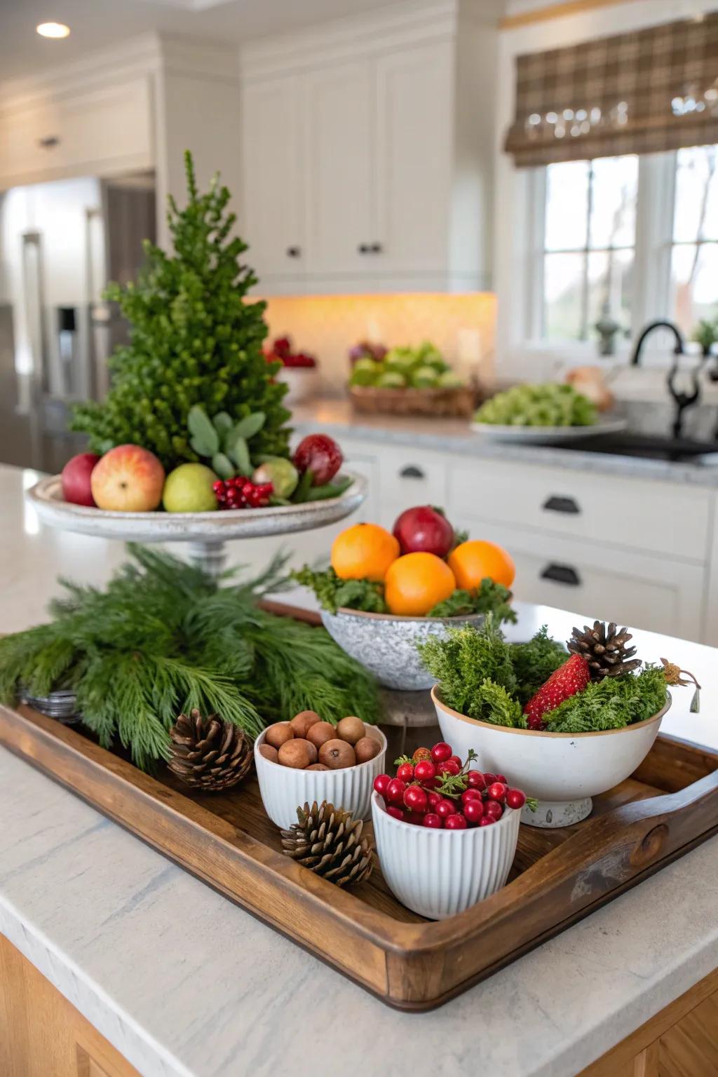 Ornamental salvers and bowls upon the cooking space islet.