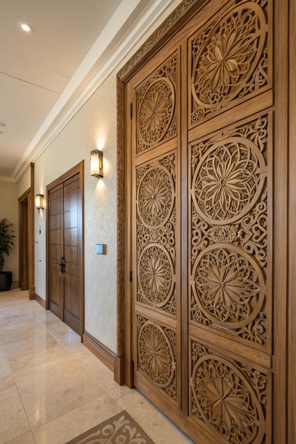 A wooden wall panel with fractal carvings adds warmth and texture.