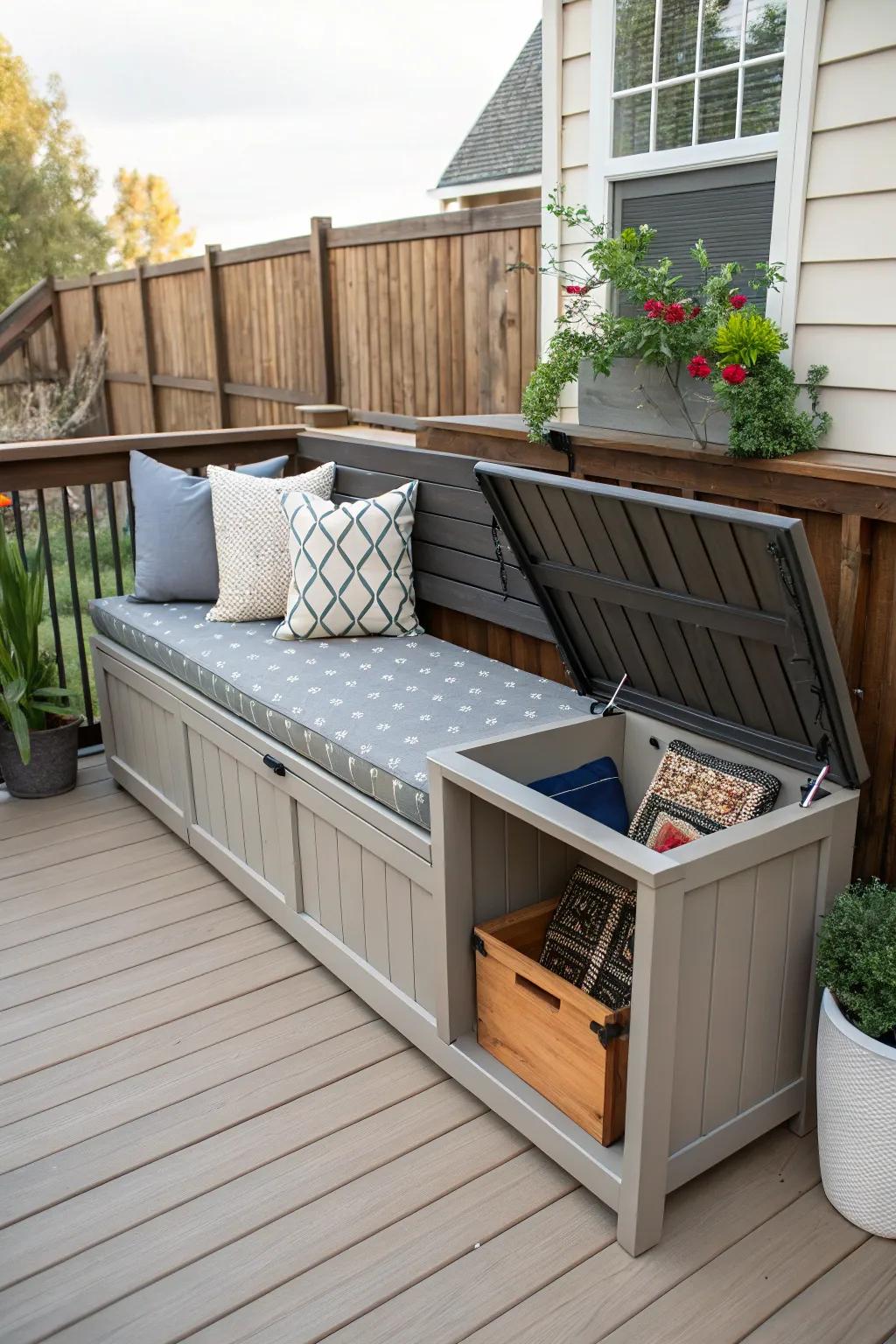 The deck's space and usefulness are improved by the use of multi-purpose furniture.