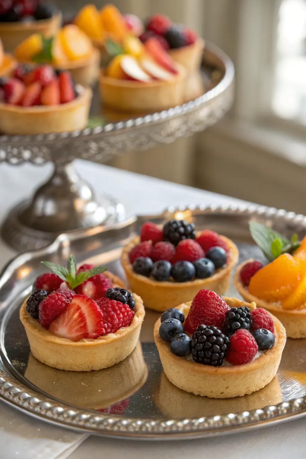 Elegant small fruit pies topped with seasonal fruits.