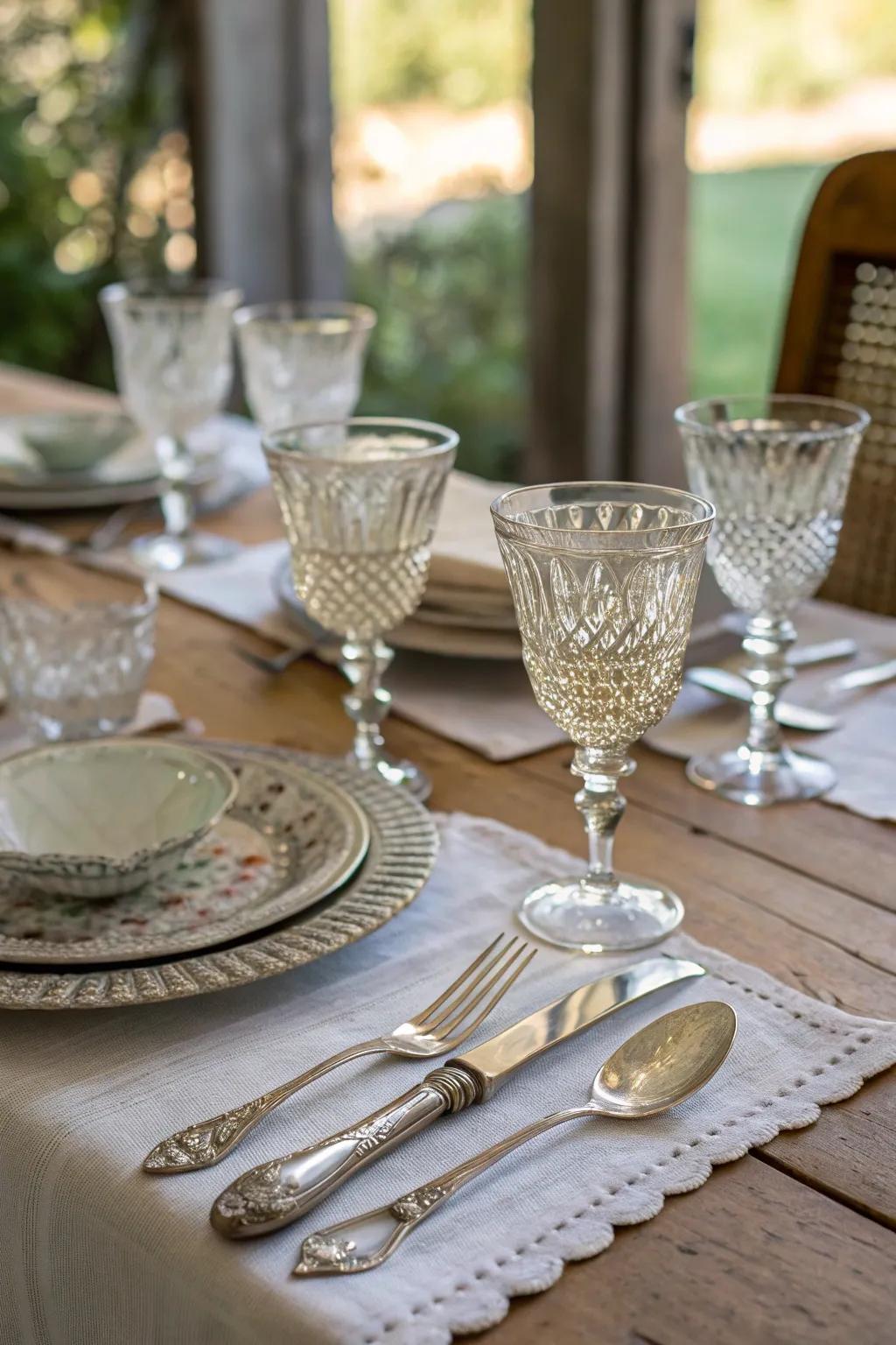 Heirloom items and vintage glassware add charm.
